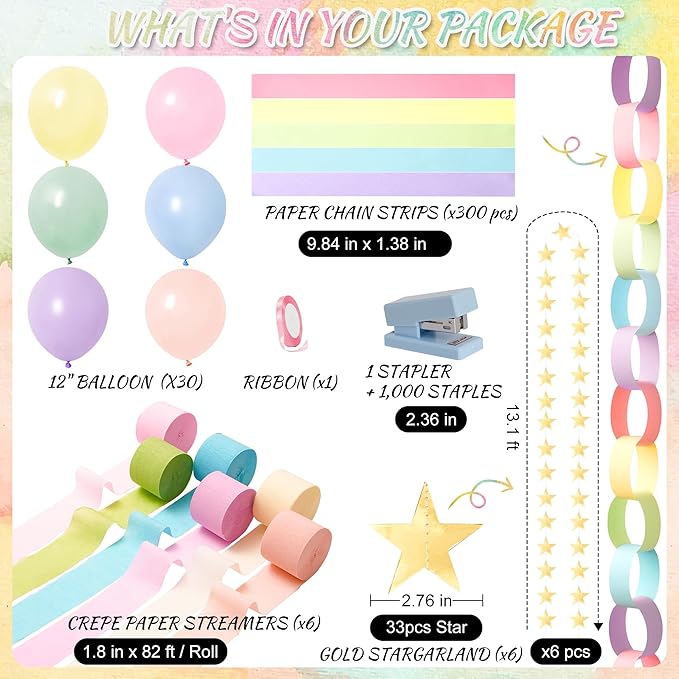 Gleebixi Pastel Birthday Party Decorations Kit with 492ft Crepe Paper Streamers, 300 Sheets Paper Chain Strips, 78.6ft Gold Star Garland and 30Pcs 12" Pastel Balloons for Hanging Decor