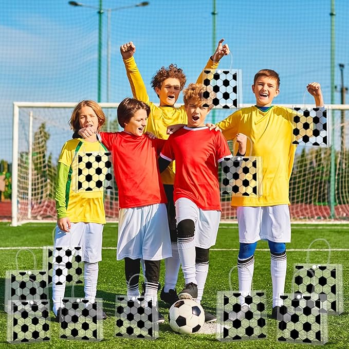 Lonfliness 24Pcs Soccer Clear PVC Gift Bags With Handles Bulk Sport Theme Goodie Treat Candy Bags Team Present Wrap Tote Bags for Boys Birthday Party Favor Baby Shower Decorations Supplies 8 x 8 x 3in