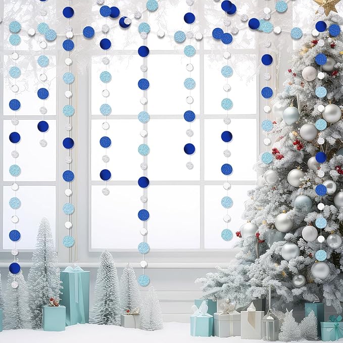 Outus 10 Pieces Silver Round Dots Garland Graduation Party Hanging Decor Each Length 13.1ft Glitter Paper Dot Streamers for Birthday Wedding Classroom Supplies (Blue)
