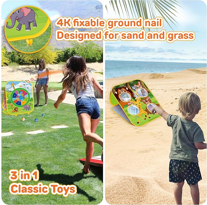 Animal Bean Bag Toss Game Kids Outdoor Toys, Family Party Games, Double-Sided Foldable Cornhole Board, Outside Lawn Party Toy, Birthday Gift for Boys Girls Toddler Age 3 4 5 6 7 8