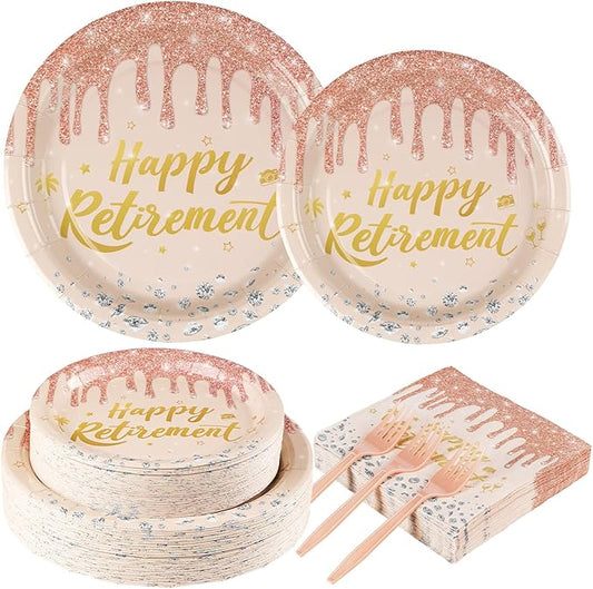 200 Pcs Rose Gold Retirement Party Decorations Pink Happy Retirement Paper Plates and Napkins Pink Rose Gold Plate Disposable Diamond Tableware Set for Women Going Away Party Supplies Serves 50