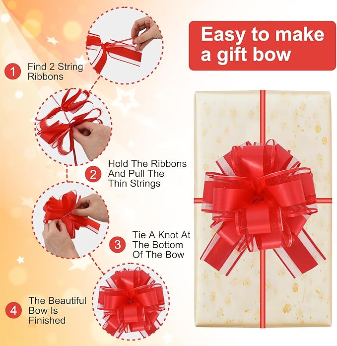 6pcs 7 Inch Pull Bows Red Gift Wrap Bows for Gift Wrapping, Ribbon, Basket, Flower, Christmas, Mother's Day, Valentine's Day, Birthday Party Decorations