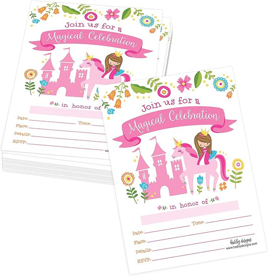 Hadley Designs Kids Birthday Invitations Girl Unicorn Theme - 25 Royal Birthday Party Invitations For Girls, Princess Invites For Girls, Cute Fairytale Party Supplies, Made in USA