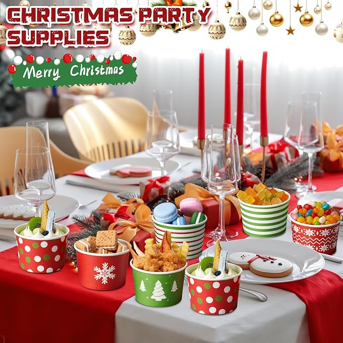 CHENGU 60 Pcs Christmas Ice Cream Cups 8oz Disposable Treat Snack Cups Red and Green Paper Bowls for Yogurt Cupcakes Soup Christmas holiday Party Supplies
