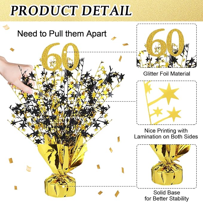 Tatuo 4 Pcs Metallic Foil Spray Centerpiece Happy 30th 40th 50th 60th Years Centerpiece Table Decorations for Black and Gold Birthday Anniversary Wedding Party Table Decor(60th Birthday)