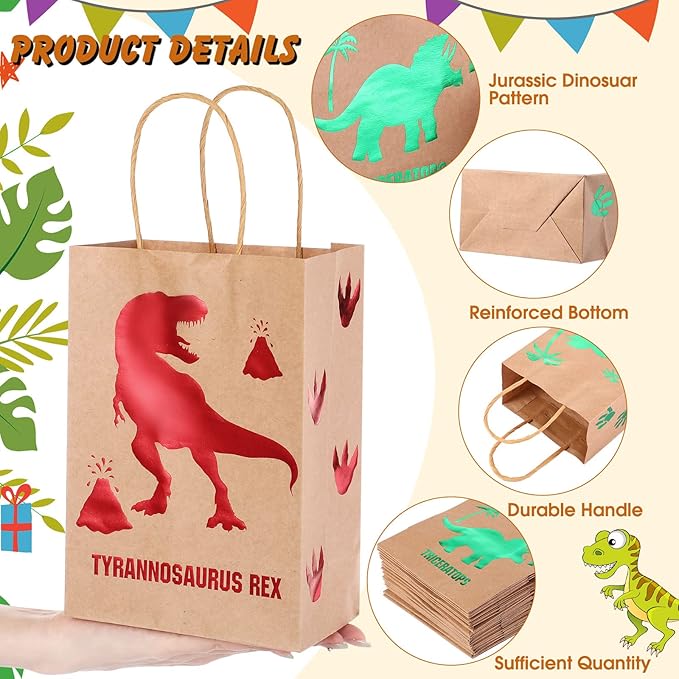 Pajean 24 Pcs Dinosaur Candy Bags with Handle, Dinosaur Party Favor Paper Bags Kids Gifts Goodie Treat Wrapping for Boys Girls Dino Theme Birthday Baby Shower Party Supplies(Lovely Style)
