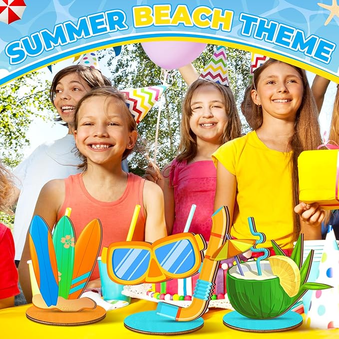 Marsui 12 Pcs Summer Beach Decor Set Tropical Hawaii Tiered Tray Decor with Wood Blocks Beach Pool Balls or Table Centerpieces Kitchen Shelf Wedding Garland Home Decoration