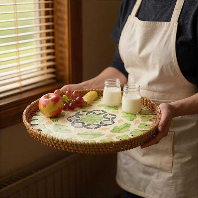 Round Rattan Tray with Mother of Pearl Inlay, Handwoven Wicker Coffee Table Serving Basket Tray for Fruit Snack Party Picnic Cafe Bedroom Kitchen Home Decor Set of 2 (Green Lucky Leaf)