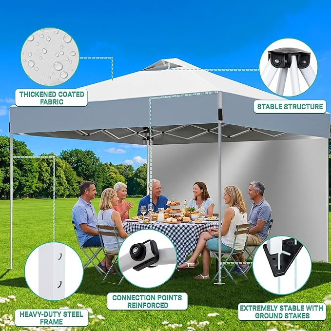 10X10FT White Pop Up Canopy Tent with 1 Sidewalls & Roller Carrybag, Outdoor Adjustable Height Instant Shelter Gazebo with Sturdy Ground Spikes & Sandbags for Camping, Patio, Backyard, Event