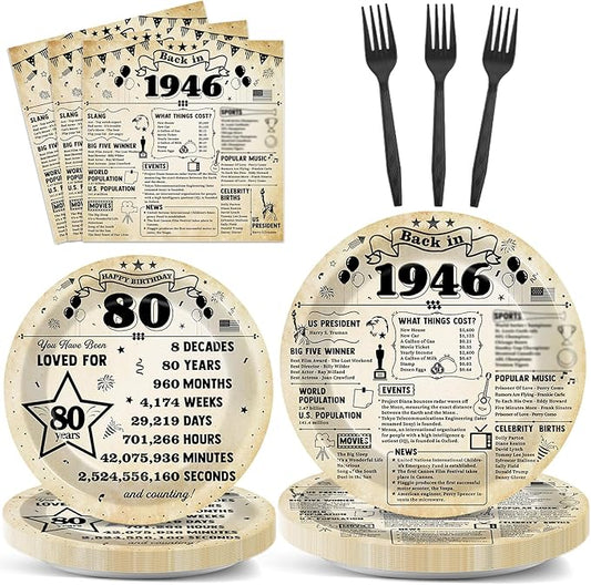 CHUNNIN 96Pcs 80th Birthday Plates and Napkins Back in 1946 Party Decorations Vintage 80 Year Old Party Dessert Plates 1946 Birthday Tableware for 24 Guests 80th Theme Men Woman Bday Parties Supplies