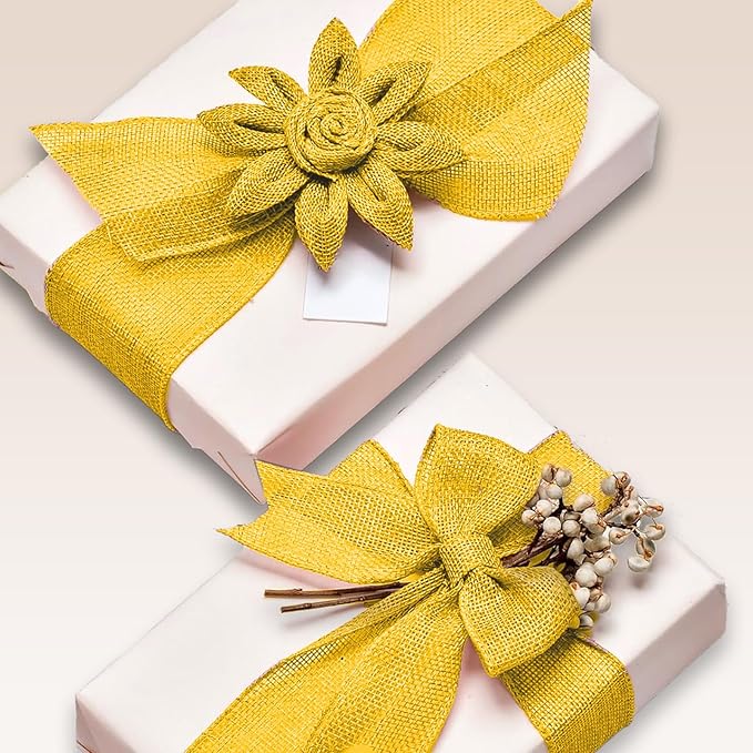 Gold Yellow Burlap Ribbon 1-1/2 inch X 10 Yard Natural Burlap Ribbons Woven Wired Ribbon DIY Handmade Edging Production Wreath Holiday Decoration Gift Wrapping Yellow Gold Ribbons