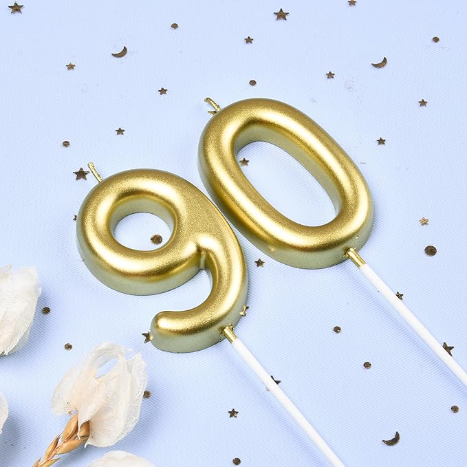 2.76 Inch Classical Gold 90 Number Birthday Candles, Gold Number Candles, Cake Number Candles, Party Celebration