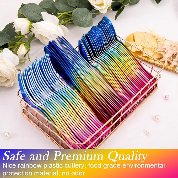 Supernal 120pcs Unique Rainbow Plastic Silverware Set - 3-in-1 Blue Pink Gold Ombre Cutlery (40 Forks, 40 Spoons, 40 Knives) - Heavy Duty Colorful Utensils for Birthday, Unicorn, Trolls Party Decor