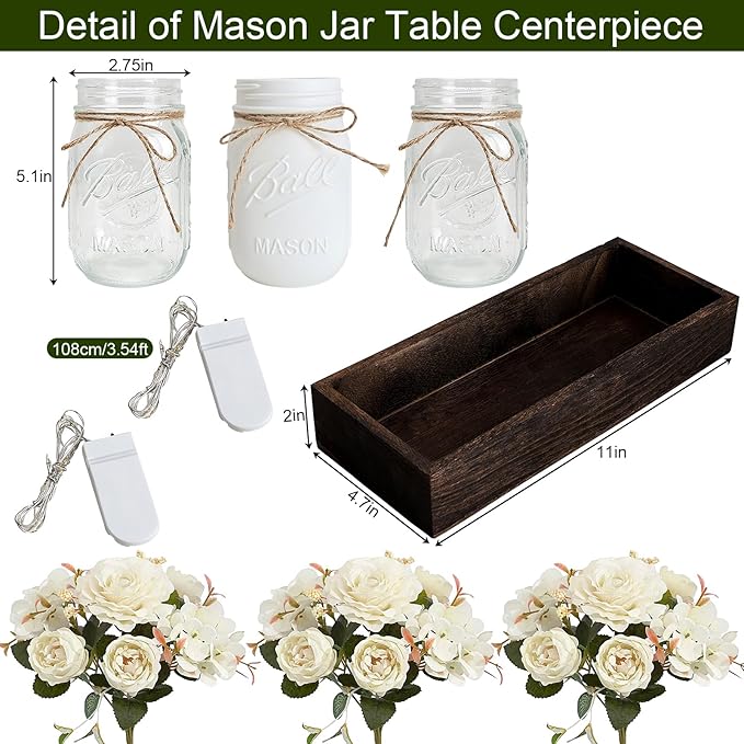 Mason Jar Centerpiece Table Decor for Dining Room Farmhouse Coffee Table Decor with Wood Tray Fairy Lights Fake Flowers for Valentine's Day Kitchen Living Dining Room - White