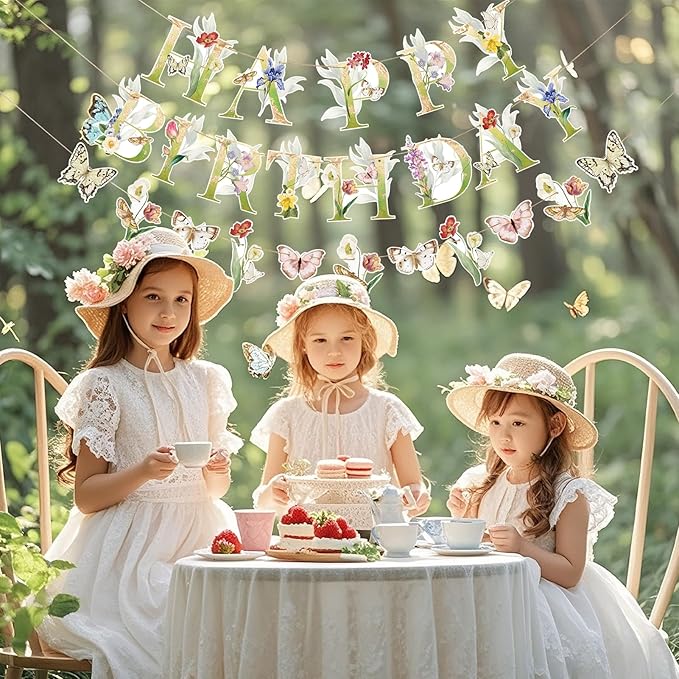 SUNBEAUTY Wildflower Butterfly Happy Birthday Banner Spring Floral Birthday Decorations Pre-Strung Butterfly Flower Garden Decor for Girls Women Baby Shower Wedding Tea Party