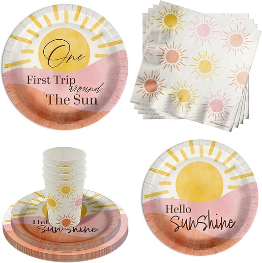 First Trip Around the Sun 1st Birthday Party Supplies - 64 Piece Girls Sunshine Birthday Tableware Set Includes Large 9" Dinner Plates and 8" Dessert Paper Plates Napkins Cups - Kit for 16