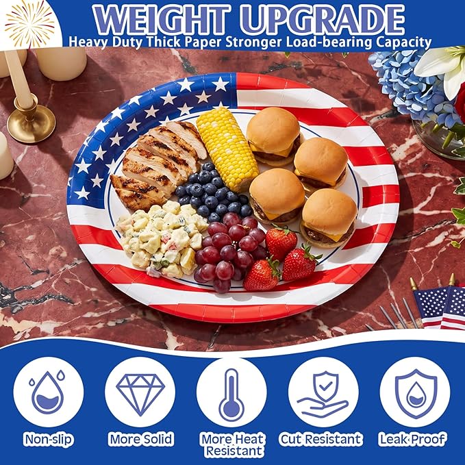 Pajean 350 Pcs 4th of July Party Decorations 12 inch Disposable Patriotic Oval Plates and Napkins Heavy Duty American Flag Paper Tableware Set for 50 Guests 250th Independence Party Supplies