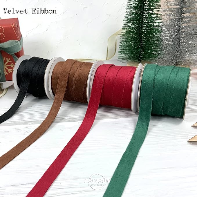 Velvet Ribbon Set 3/8" x 10 Yards, 2 Rolls 20 Yards, Dseason Handmade Christmas Red Velvet Ribbon Set for Gift Wrapping & Bow Making, Christmas Tree, Wreath Decoration, DIY Crafts Decoration