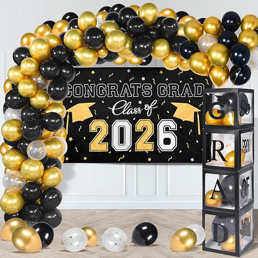 Picoway Graduation Decorations Class of 2026 ,Black and Gold Graduation Party Decorations include 4 Pcs Balloons Boxes with Letters, 110 Pcs Balloon Arch Kit and Banner backdrop for Party Favors Decor