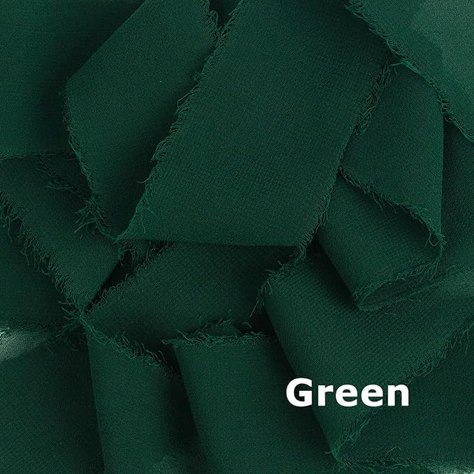 Chiffon Ribbon, Green Christmas Silk Ribbons, Christmas Party Decoration, 1.5''x21Yd Handmade Frayed Fringe Ribbon for Gift Wrapping, Floral Vase, Craft, New Years, Birthday, 3 Rolls