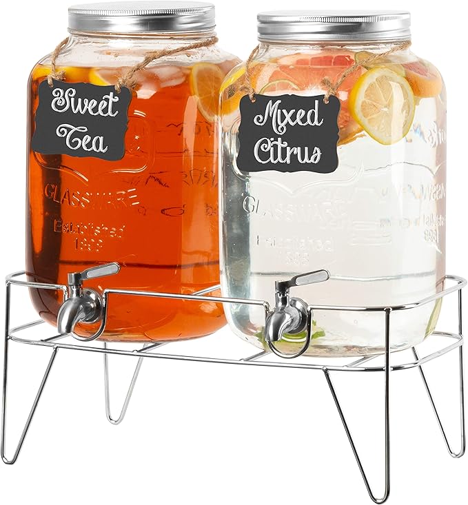 Ilyapa 2 Gallon Drink Dispenser, 2 Pack with Metal Base, Stainless Steel Spigot - Drink Dispensers for Parties, Beverages Such As Lemonade, Tea, Water