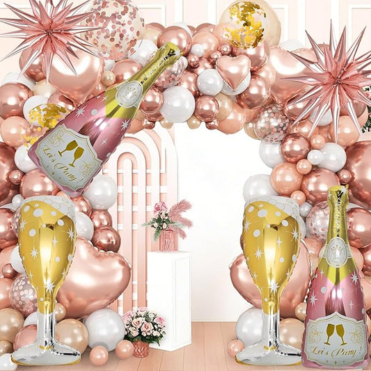 91 Pcs Rose Gold Balloons, Huge Explosion Star Balloons Champagne Bottle Goblet Aluminum Foil Balloon for Birthday, Bachelorette, Bridal Shower, Wedding, Engagement Party Decorations Supplies