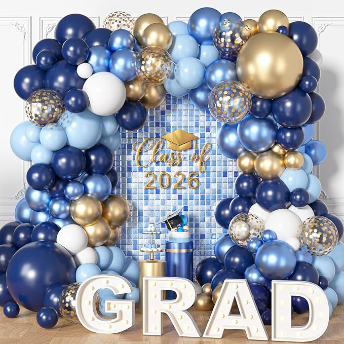 Ouddy Life 156Pcs Navy Blue and Gold Balloon Garland Arch Kit, Royal Blue White Metallic Gold Confetti Mixed Sizes Balloons for Baby Shower Wedding Birthday Anniversary Graduation Party Decorations
