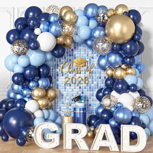 Ouddy Life 156Pcs Navy Blue and Gold Balloon Garland Arch Kit, Royal Blue White Metallic Gold Confetti Mixed Sizes Balloons for Baby Shower Wedding Birthday Anniversary Graduation Party Decorations