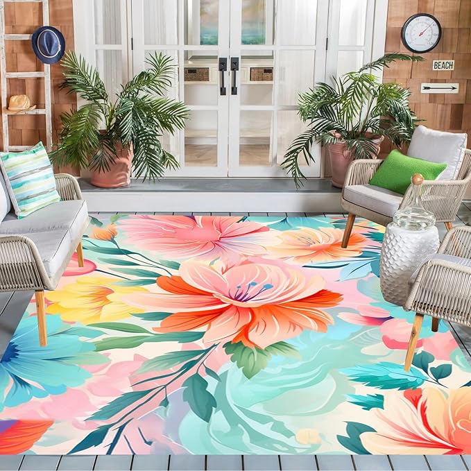 Washable Outdoor Rug with Floral Texture 9x12 Waterproof Non Slip Vibrant Area Rugs for Patio Deck Garden Balcony Large Flower Print Camping Porch Backyard Outside Carpet Aqua Pink