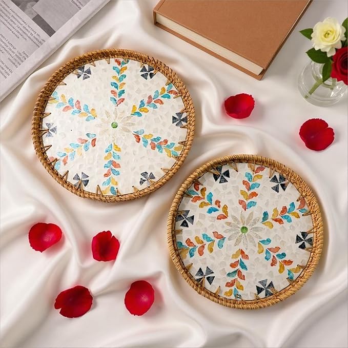 Round Rattan Tray with Mother of Pearl Inlay, Handwoven Wicker Coffee Table Serving Basket Tray for Fruit Snack Party Picnic Cafe Bedroom Kitchen Home Decor Set of 2 (Colorful Wicker)