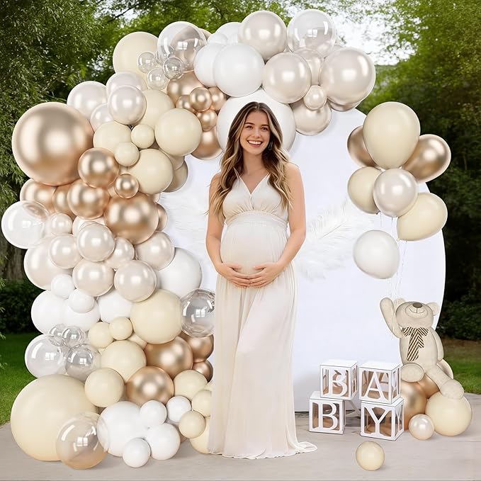 Amandir 153 Pcs White Sand Metallic Champagne Gold Balloons Arch Garland Kit Different Sizes 18 12 10 5 Inch Pearl White Clear Beige Neutral Balloons Baptism Birthday Bridal Shower Wedding Decorations
