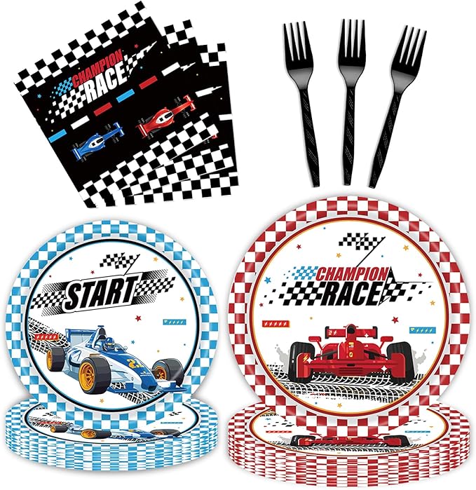 96 Pcs Racing Car Party Supplies Decorations, Checked Race Car Track Paper Plates and Napkins Party Supplies Disposable Tableware Dinnerware for Boys/Kids/Men Birthday Party, Serves 24