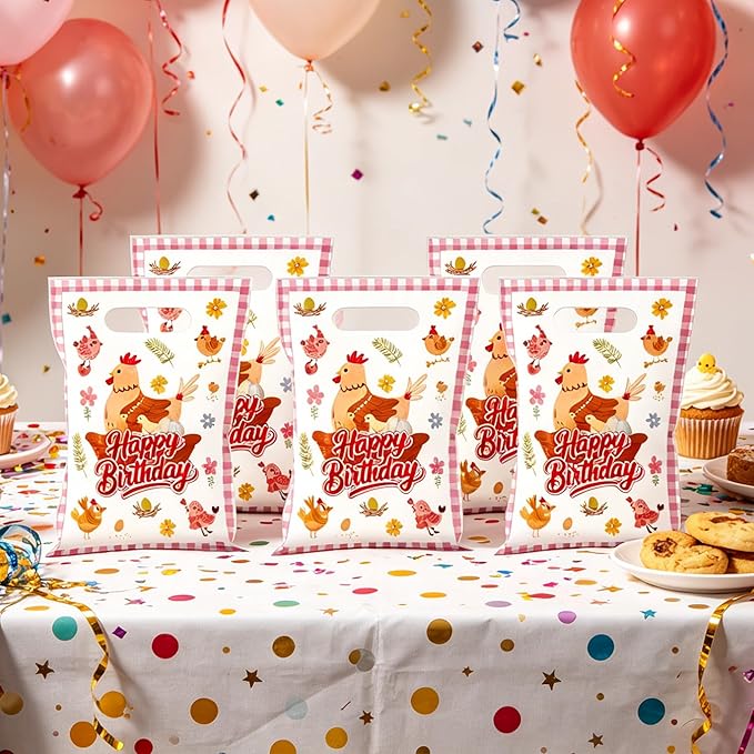 MOIZYNG 50Pcs Chicken Birthday Gift Bags with Handles, Pink Barnyard Little Chick Happy Birthday Plastic Snack Treat Goodie Bags for Farm Animal Chicken Party Decorations