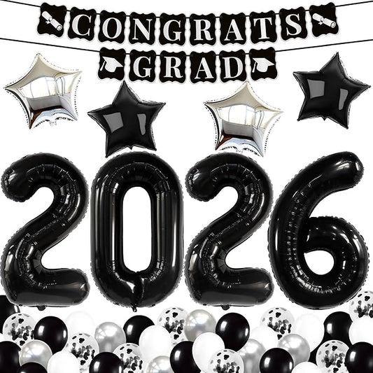 KatchOn, Black and Silver Graduation Decorations 2026 Set - Huge, Pack Of 43 | 2026 Balloons, Congrats Grad Banner | Black Graduation Decorations 2026 | Black and White 2026 Graduation Decorations