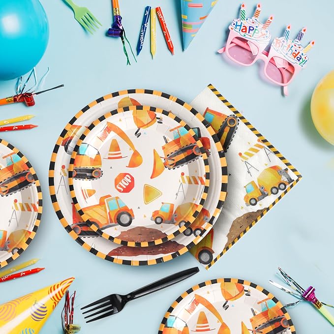 96Pcs Construction Birthday Party Supplies Construction Truck Paper Plates and Napkins and Cups Baby Shower Kids Birthday Party Decorations, Serves 24