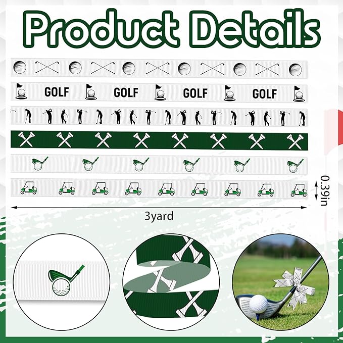 6 Rolls 3/8'' Golf Ball Ribbon Sports Ball Ribbons for Wreath DIY Craft White Green Grosgrain Ribbons for Hair Bows Wrapping Sport Team Golf Themed Party Home Decoration 18 Yard