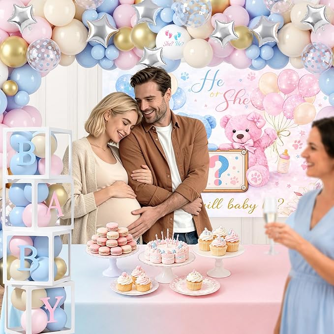 Bear Gender Reveal Party Decorations - 136 Pcs Balloon Arch Kit with Baby Display Boxes, Letters & Backdrop for Baby Shower Boy or Girl Party (Blue-Pink)