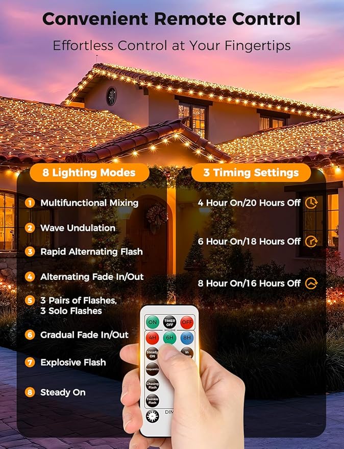 Brightever Christmas Lights for Tree - 1100 Bulbs 360FT, Plug-in Christmas Outdoor Lights with Remote, 8 Lighting Modes, 3 Timers, Dimmable, LED String Light for Indoor Xmas Decorations (Warm White)