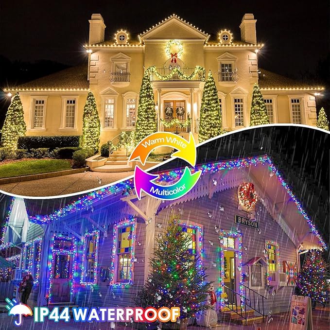 Warm White to Multicolor Color Changing 200 LED 66FT Connectable Christmas String Lights for Outdoor Indoor, 11 Modes Christmas Tree Clear Wire Fairy Waterproof Lights with Memory & Remote & Timer
