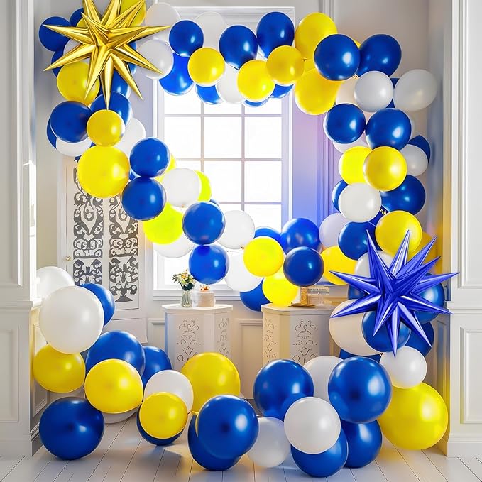 Blue Yellow Balloon Arch Kit, Royal Blue and Yellow White Balloons Garland Kit with 4D Foil Star Balloons, for Graduation 2026 Baby Shower Anniversary Birthday Wedding Party Decoration