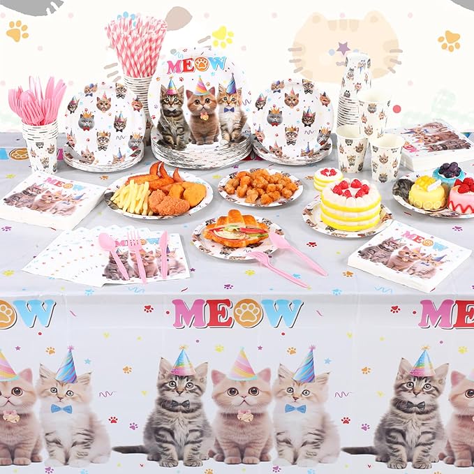 Funnymoom 452 Pcs Cat Birthday Party Decorations for 50 Guests, Cat Paper Plates Napkins Cups Tablecloth Cutlery Straws Disposable Tableware Set for Kitten Lover Birthday Party Supplies