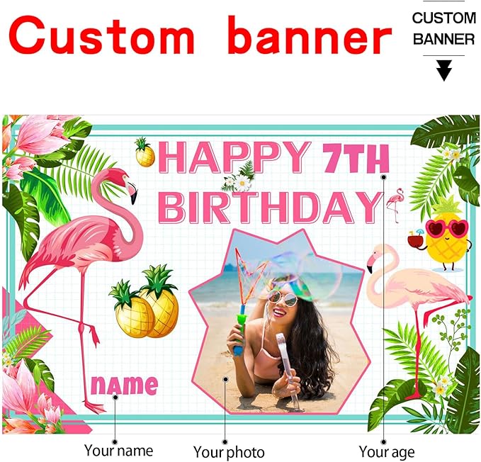 Custom Flamingo Hawaiian Tropical Happy Birthday Party Decorations Supplies Personalized Flamingo Hawaiian Tropical Birthday Luau Party Backdrop Banner(4x6ft)