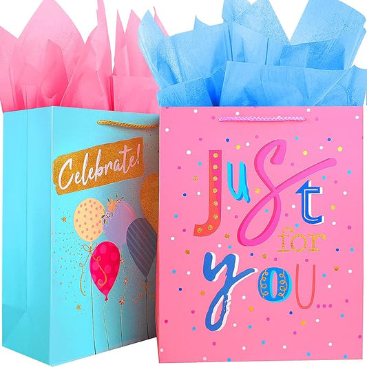 Large Gift Bag Set with Tissue Paper, Big Teal Pink Birthday Gift Bags for Women Girls Her with Handles,Pretty Assorted Birthday Gift Wrap Bags for Present Bag Party Gift Bag Gift Paper Bag for Anniversary Wedding Celebration