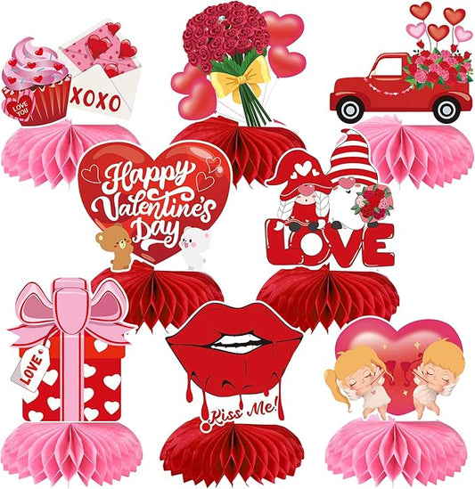 JULMELON Valentines Table Decorations Honeycomb Centerpiece, 8pcs Valentines Day Centerpieces for Tables 3D Valentines Day Table Decor Heart Table Toppers for Valentines Party Decorations