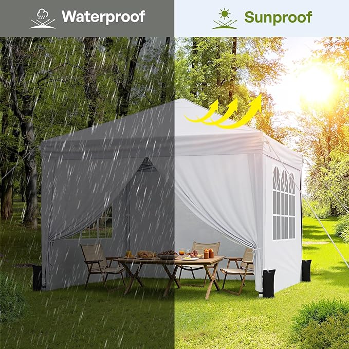 10x10 Pop Up Canopy with Sidewalls, Instant Portable Canopy Tent with Carry Bag for Commercial Events, Camping, Parties - White