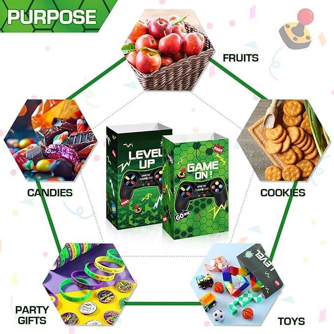 Geosar 30 Pack Video Game Party Favor Paper Bags Game on Goodie Candy Gift Bags with 30 Stickers Level up Reusable Goodie Treat Snacks Supplies for Boys Kids Gaming Birthday Party(Green)