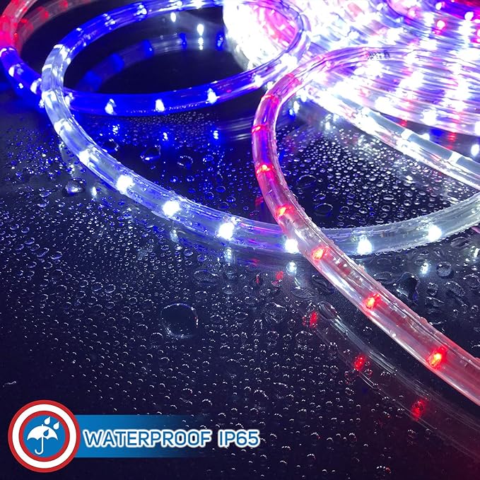 Russell Decor 60ft Red White Blue LED Rope Lights with Patriotic Lights with 4-Level Dimmable Controller Outdoor for Patriotic 4th of July Memorial Day Decor Patio Deck Flexible Lights