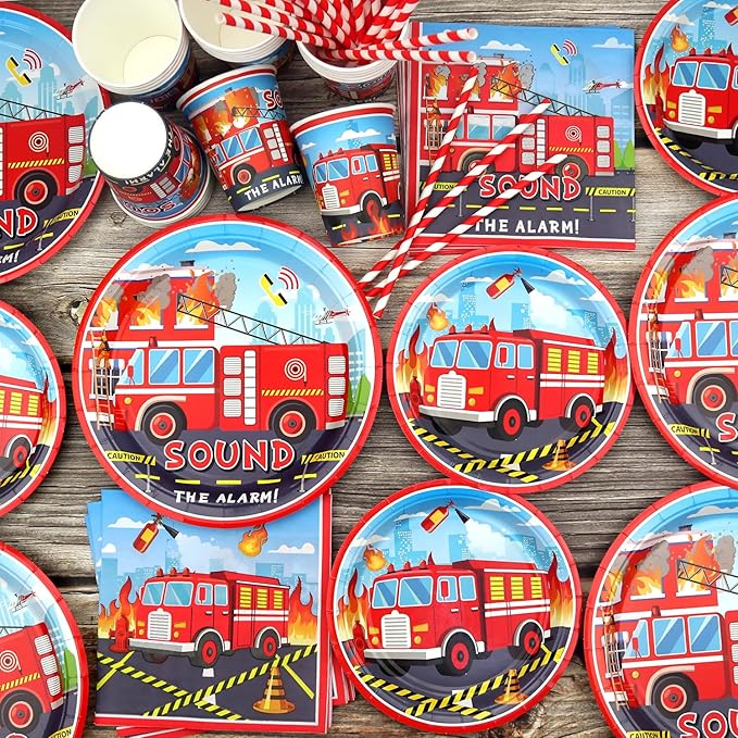 Firetruck Party Supplies - Fire Truck Party Tableware - Dinner Plates Desserts Plates Cups Napkins Tablecover Straws for Truck Theme Party Baby Shower Supplies, Serves 20 (20)