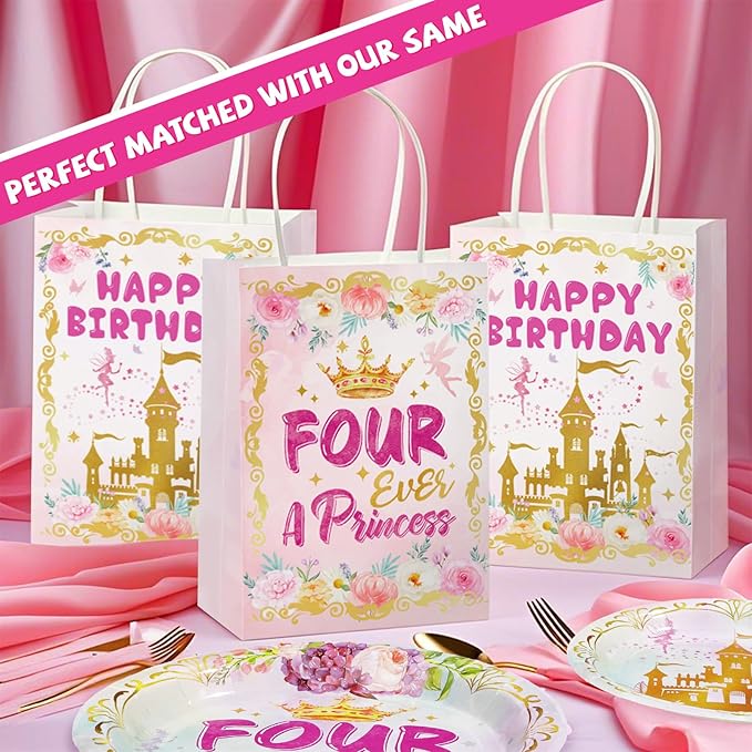 Grencian 16Pcs Princess Birthday Party Bags Four Ever a Princess Candy Treat Gift Bags Princess 4th Party Favor Decorations for Girls Princess Themed Birthday Supplies