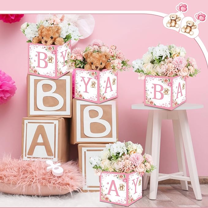 Bucherry 6 Pcs Baby Shower Centerpieces with Letters, 7" Baby Blocks Flower Boxes for Table Decorations, Gender Reveal Party Supplies & Photo Props(Pink,Pink Bear)